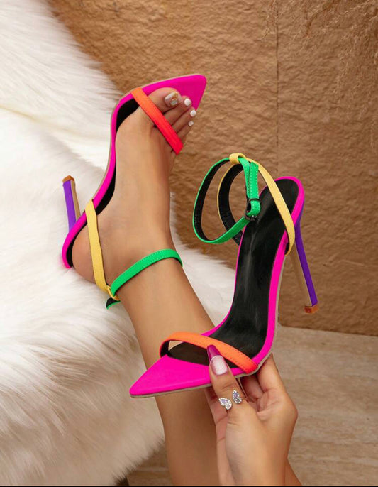 Women's Elegant Pointed Toe High Heel Sandals with Ankle Strap and Multicolor Patchwork