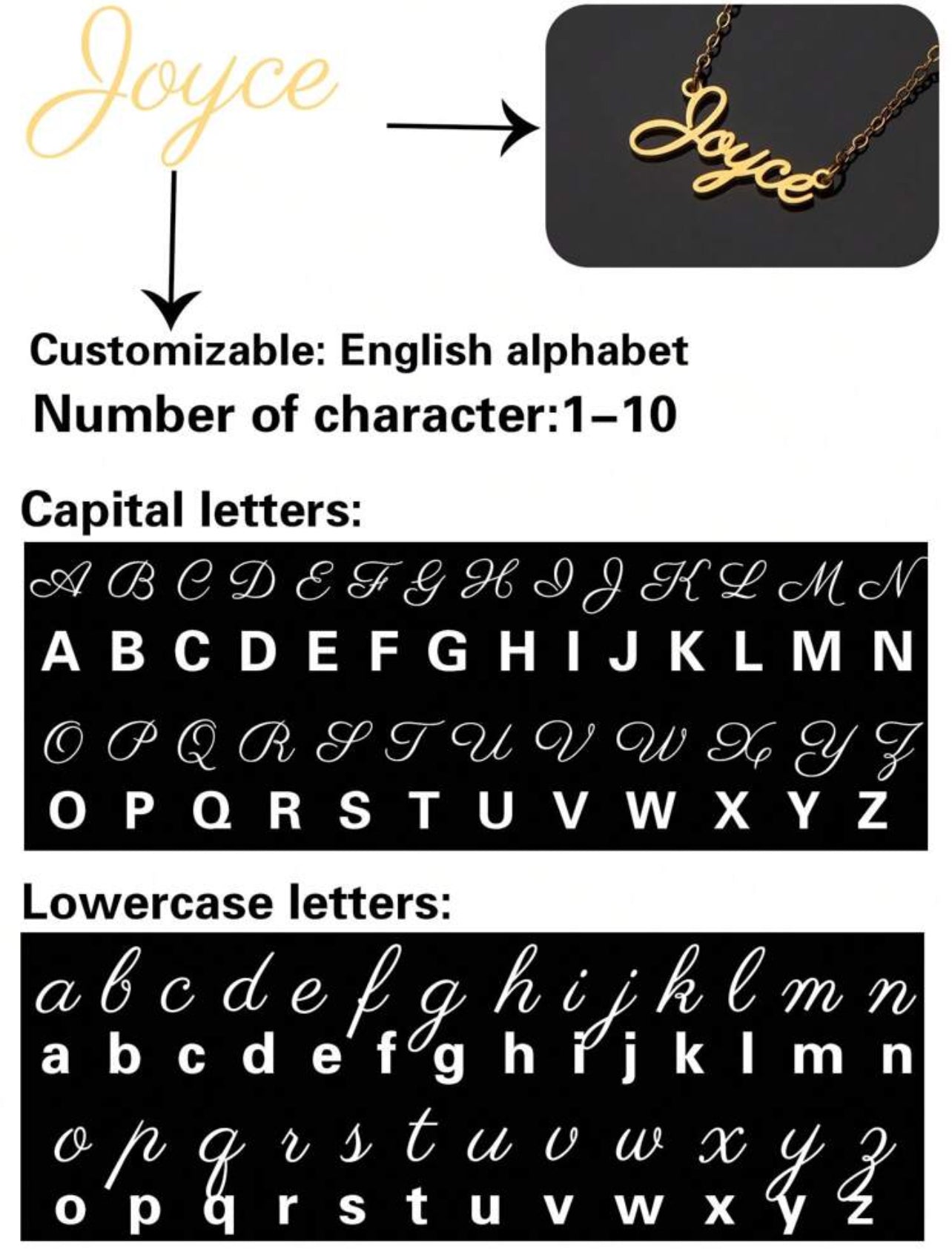 Collier en acier inoxydable avec nom personnalisé, police de l'alphabet anglais