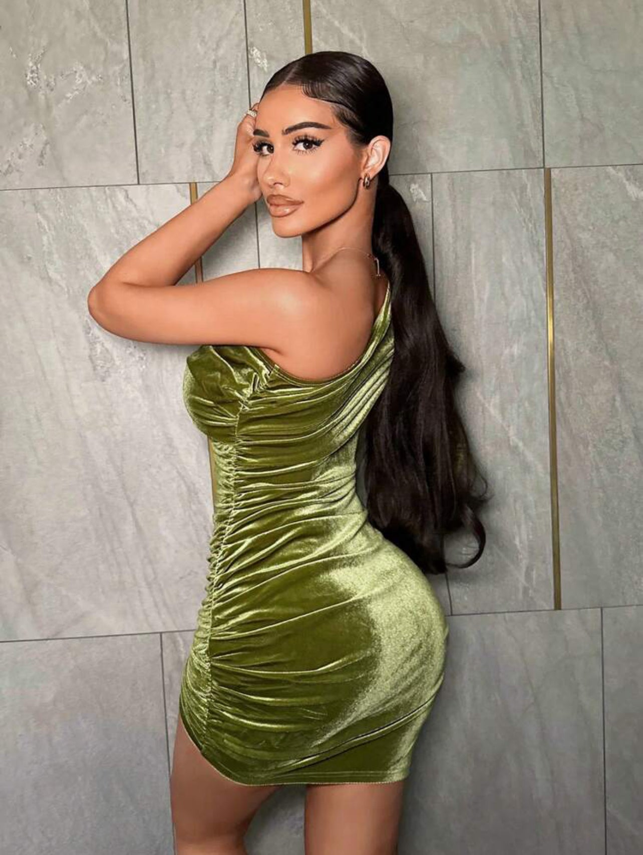 Green Sexy Warm Velvet Winter Dress, Ruched One Shoulder Women Dress