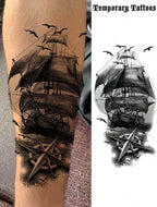 Tatouage Temporaire Bateau Pirate et Rose des Vents