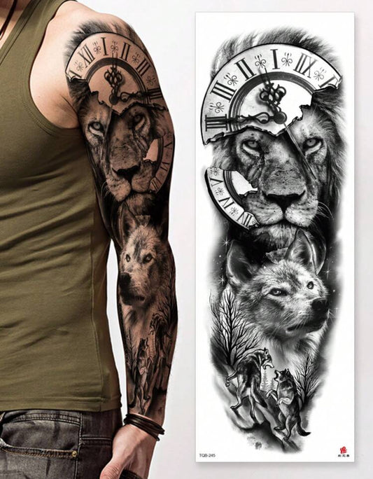 Tatouage Temporaire Bras Complet – Lion & Loup, Puissance et Sagesse