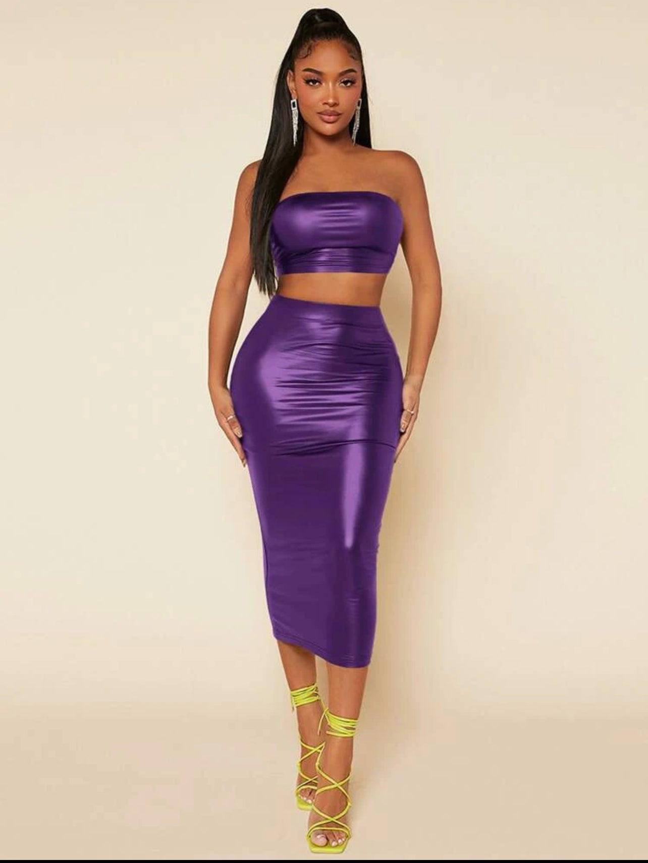 Top bandeau court en cuir PU & Jupe crayon