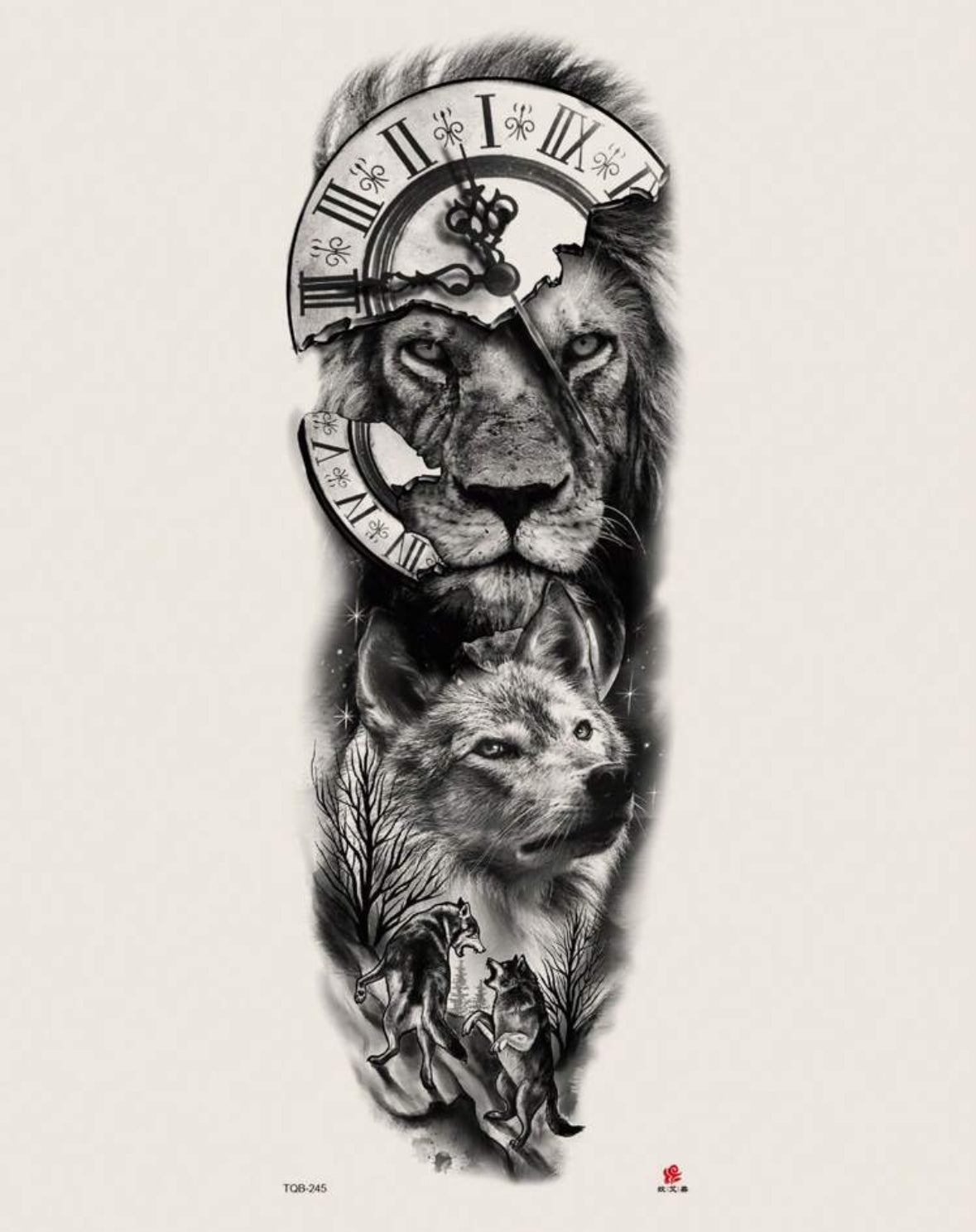 Tatouage Temporaire Bras Complet – Lion & Loup, Puissance et Sagesse