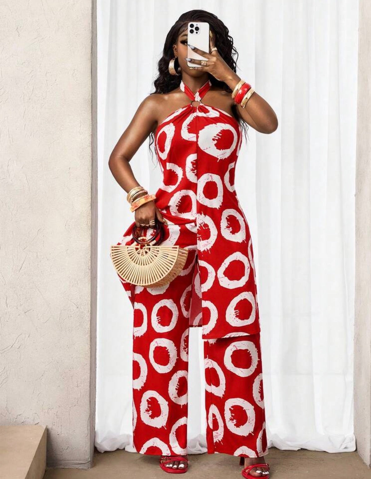 Ensemble Tunique Fendue et Pantalon Large - Rouge Flamboyant à Cercles Blancs