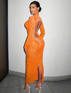 Robe Sexy Moulante À Rayures Zébrées Dos-Nu À Nœud Fendu