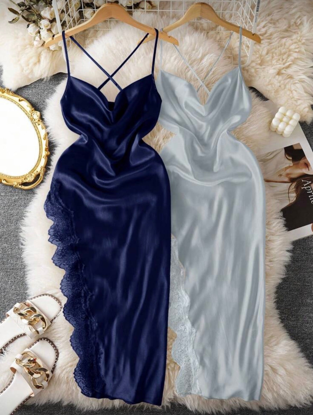 Ensemble de 2 pièces Sexy Dentelle Patchwork Fente Longue Robe de Nuit Babydoll Luxeloungewear