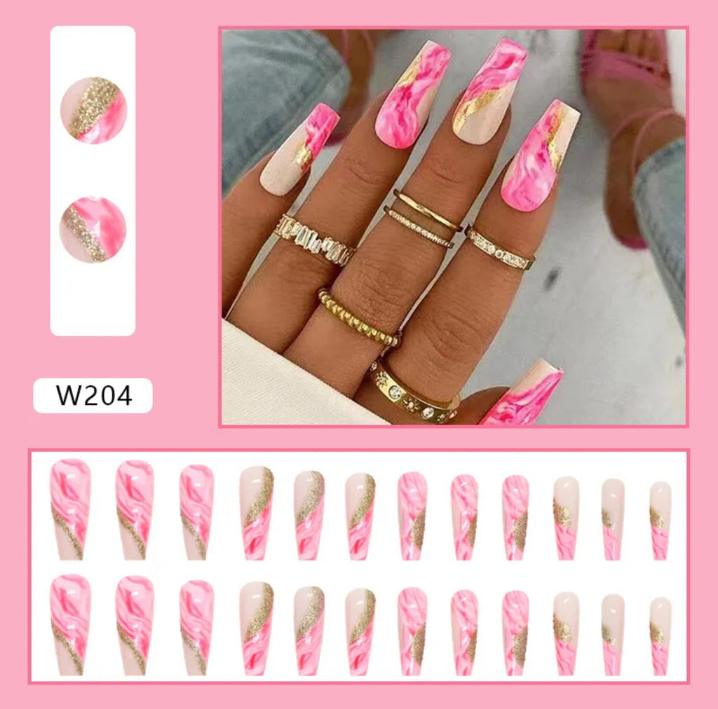 24 Pink Glitter False Nails