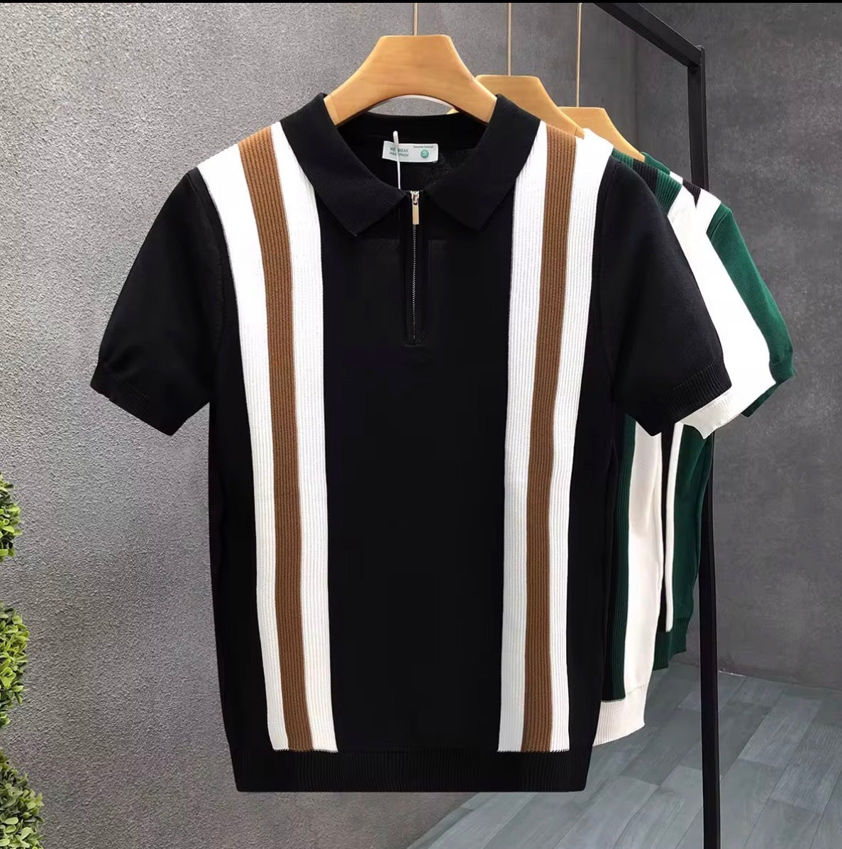 T-shirt Polo Tricoté Rayé Homme – Fermeture Zippée