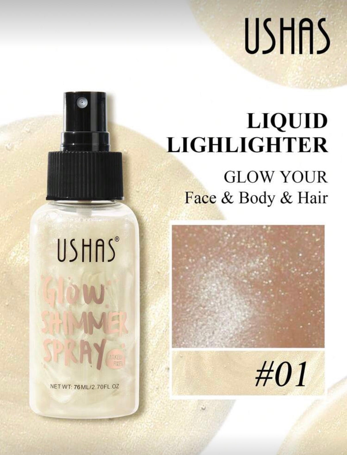 Ushas Glow Shimmer Spray – Brume Illuminatrice Visage, Corps & Cheveux (76ml)