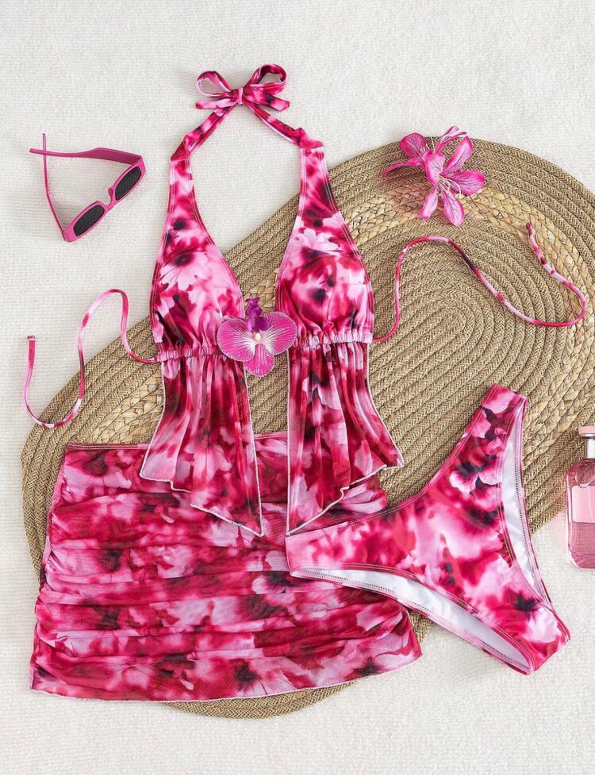 Ensemble Maillot de Bain 3 Pièces Floral & Voile de Plage
