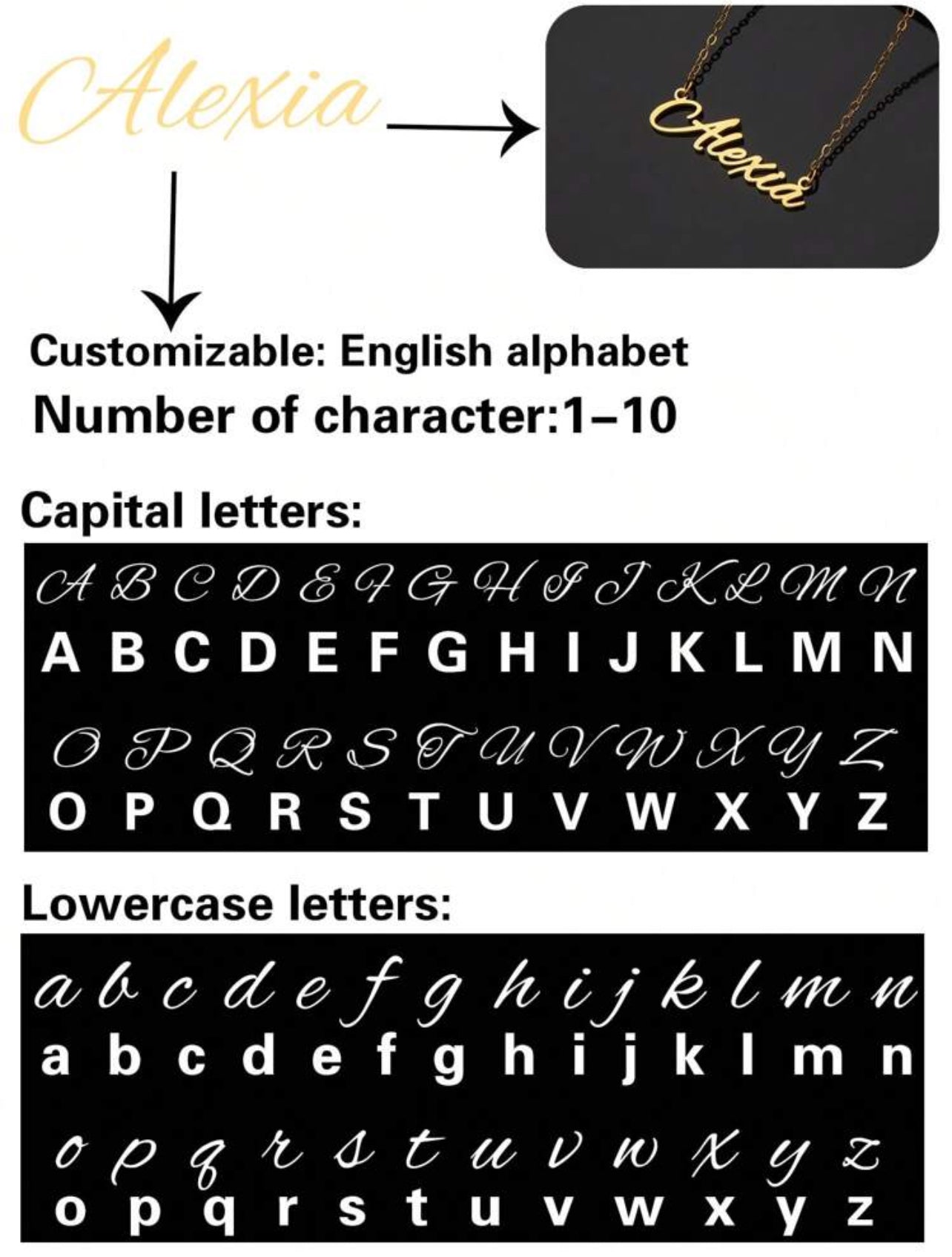 Collier en acier inoxydable avec nom personnalisé, police de l'alphabet anglais