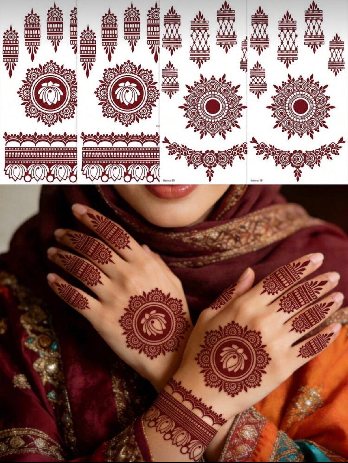 4 feuilles de Tatouage Éphémère Henné Mandala & Lotus