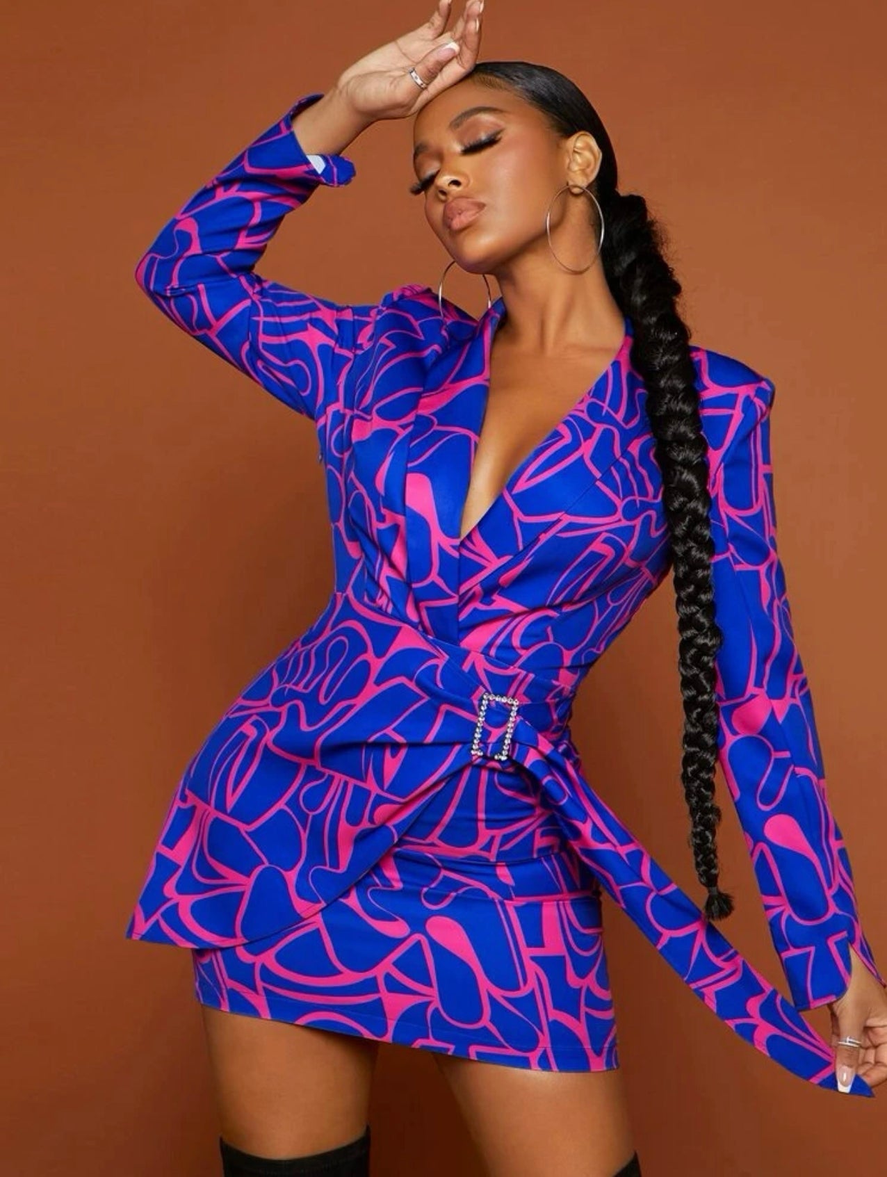 Allover Print Shawl Collar Rhinestone Buckle Side Blazer Dress