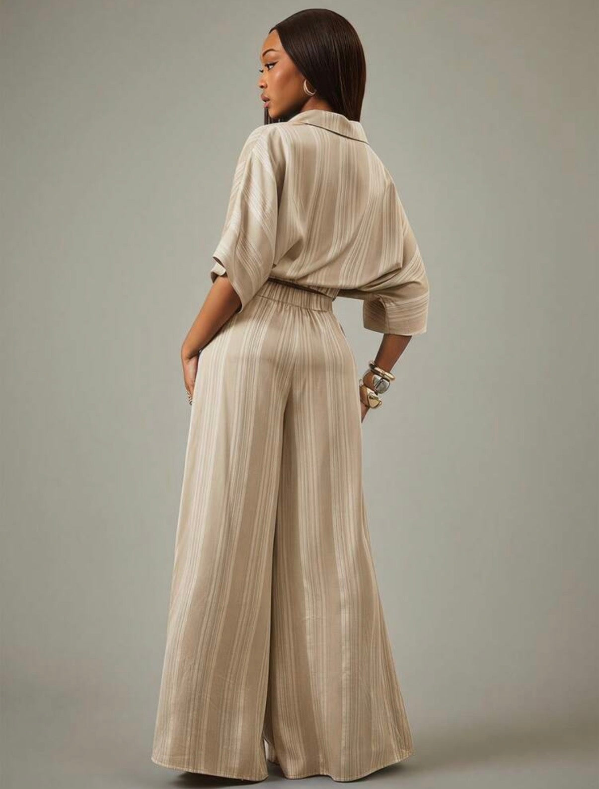 Ensemble Femme Élégance Sable – Haut Court & Pantalon Palazzo Rayé