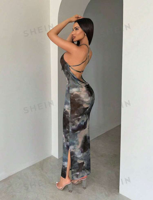 Long Backless Tie-Dye Dress - Glamour and Elegance