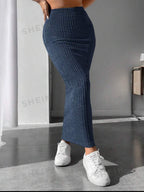 Jupe Longue Côtelée Évasée en Bleu Délavé