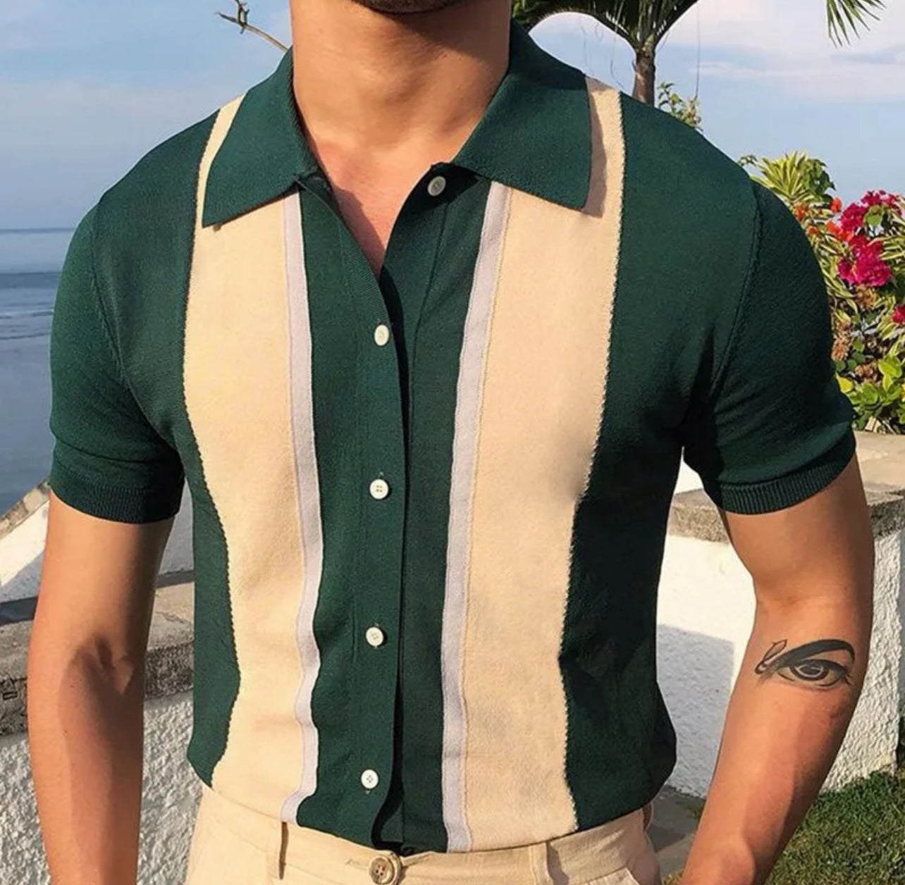 T-shirt boutonné décontracté couleurs contrastées