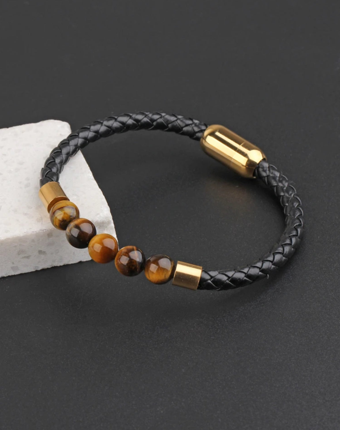 Bracelet en Cuir & Œil de Tigre – Élégance et Protection