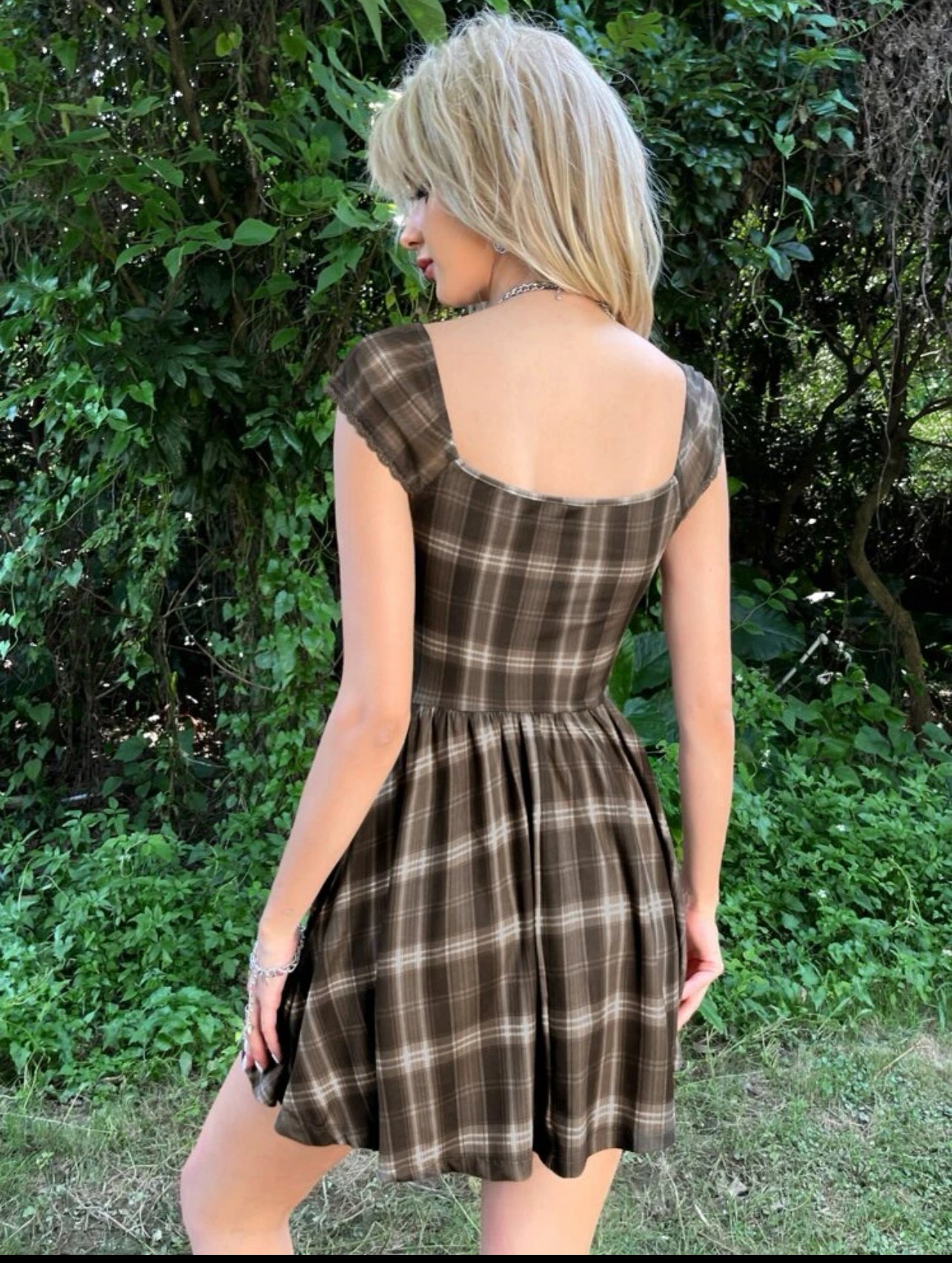 Grunge Plaid Dress with Lace Hem Bow