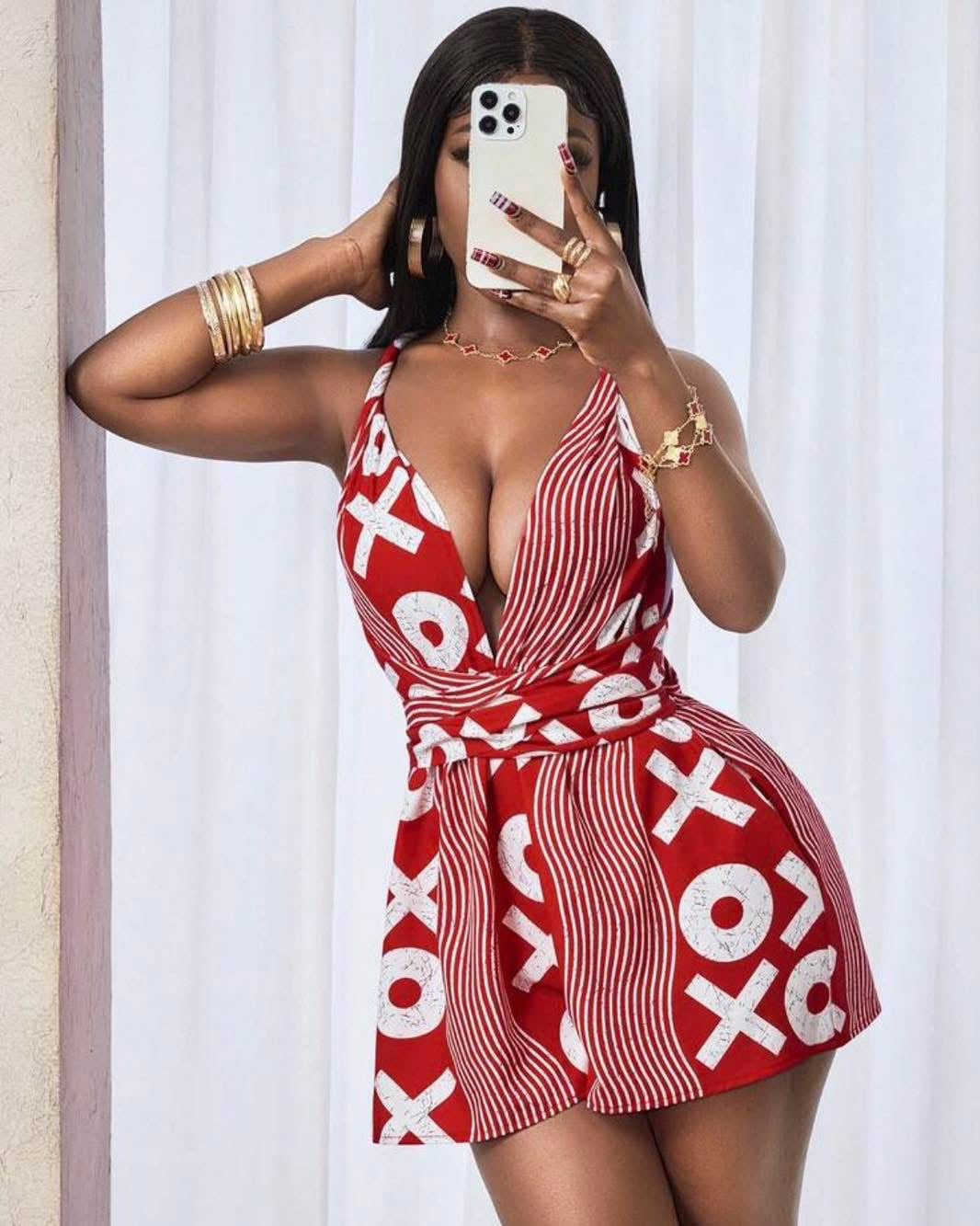 Combishort Dos Nu à Imprimé "XO" – Rouge et Blanc Éclatant