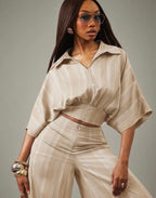 Ensemble Femme Élégance Sable – Haut Court & Pantalon Palazzo Rayé