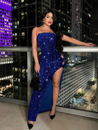 Robe De Soirée Scintillante Pour La Saint-sylvestre Pour Femme Avec Nœud Papillon Et Paillettes Fendue Haute