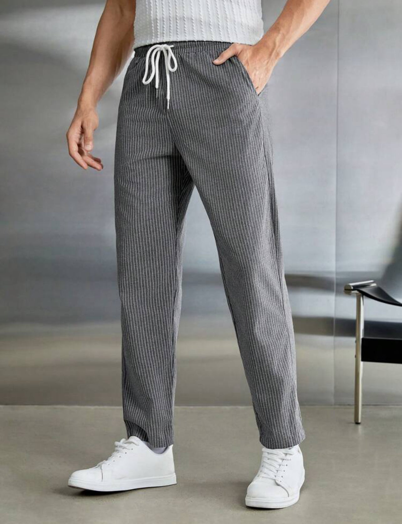 Pantalon Tissé À Rayures Avec Cordon De Serrage