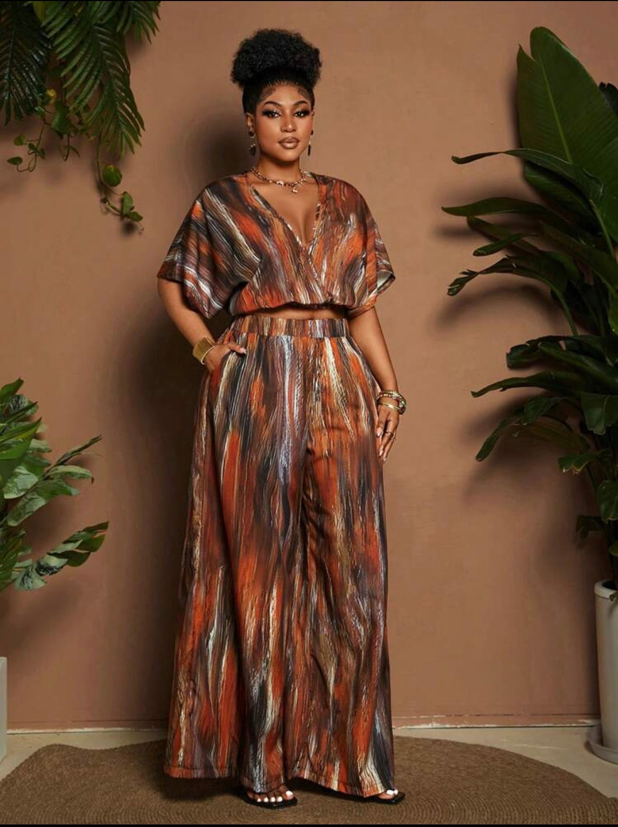 Ensemble Palazzo "Aura Terreuse" – Imprimé Abstrait & Coupe Fluides