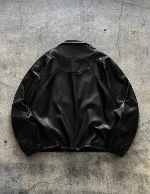 Veste Harrington Oversize en Cuir Vegan – Noir Mat