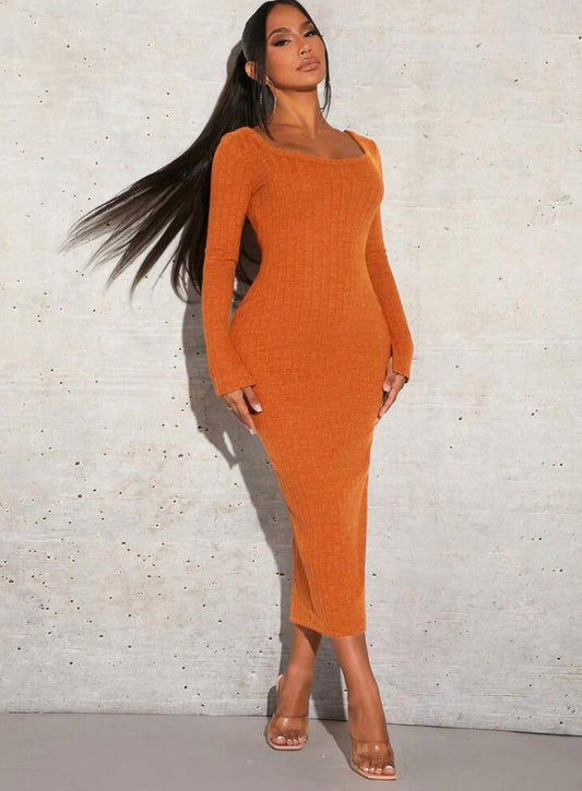 Shein Sxy, einfarbiges, langärmliges, vertikal gestreiftes, figurbetontes Kleid aus gebürstetem Stoff mit Rundhalsausschnitt