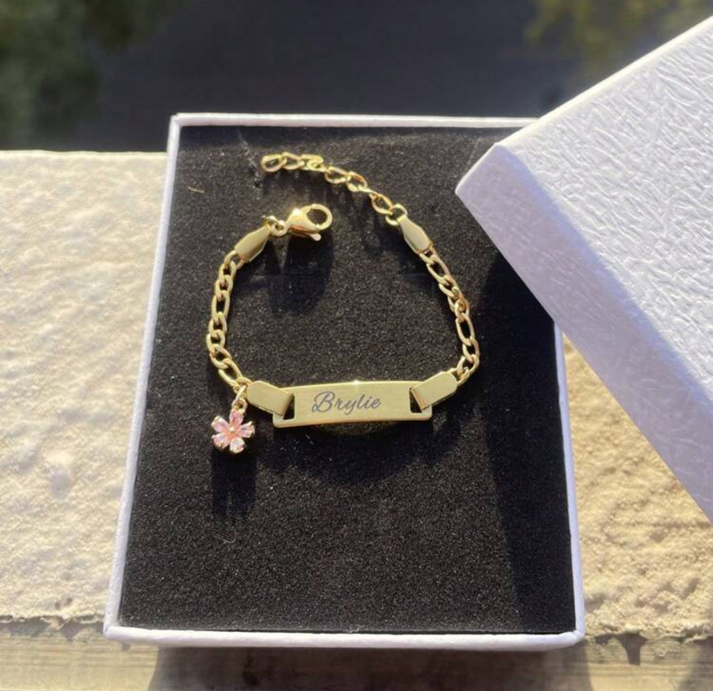 Personalized Kids Stainless Steel Bracelet with Zircon Flower