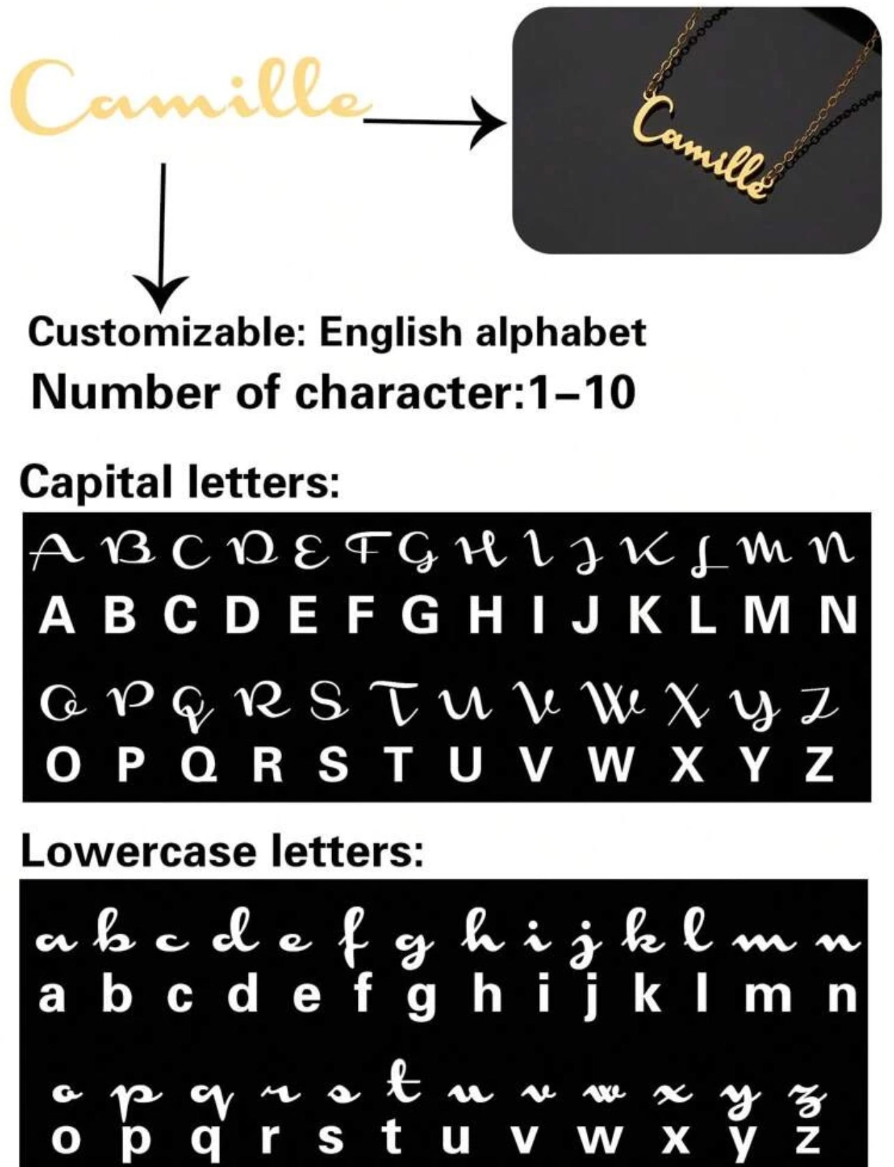 Collier en acier inoxydable avec nom personnalisé, police de l'alphabet anglais