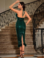 Robe À Encolure Halter Dos Nu À Bords Francs Et En Patchwork