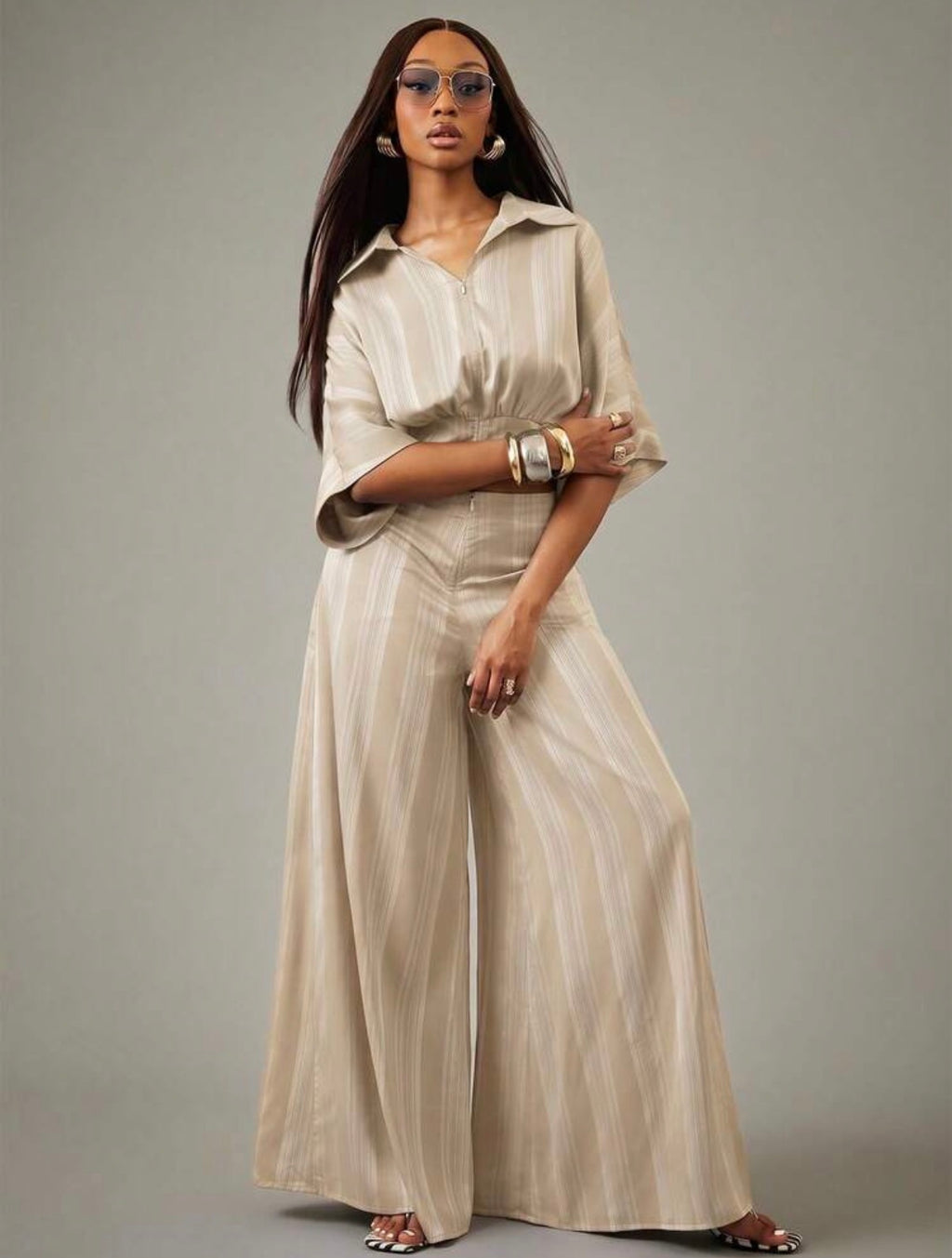 Sand Elegance Women's Set – Crop Top & Striped Palazzo Pants