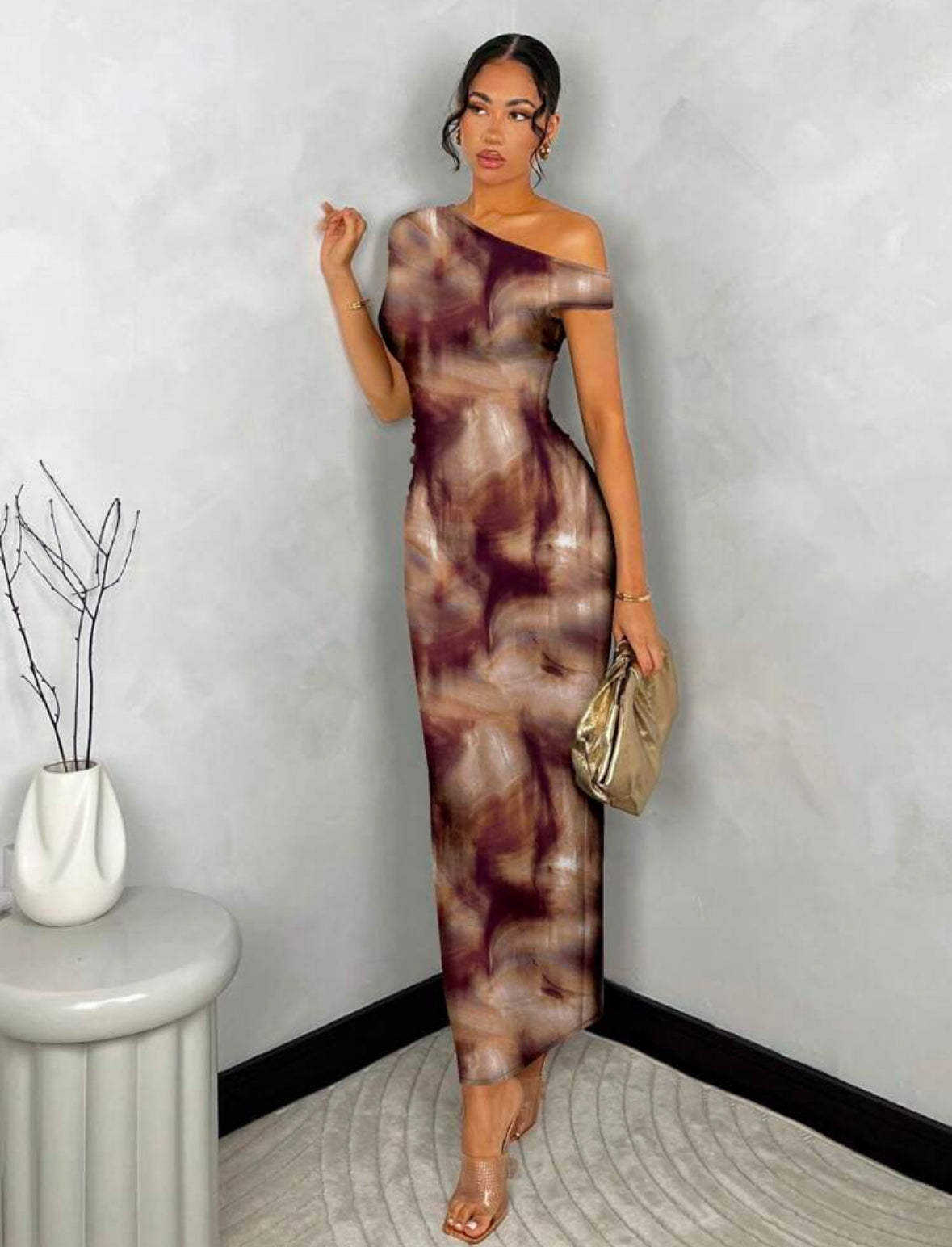 Asymmetrical Long Dress - Marble Effect