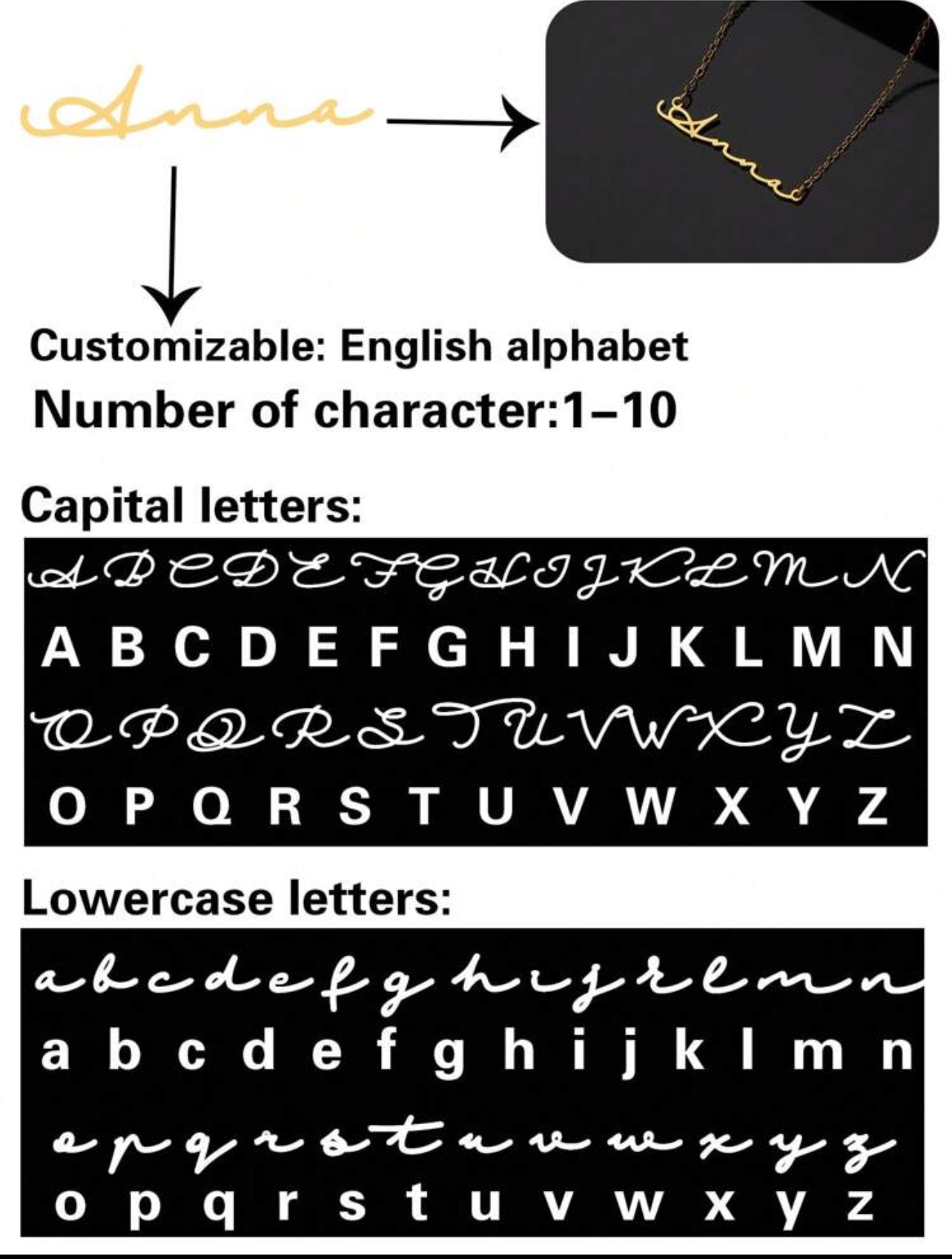 Collier en acier inoxydable avec nom personnalisé, police de l'alphabet anglais