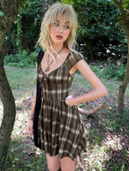 Grunge Plaid Dress with Lace Hem Bow