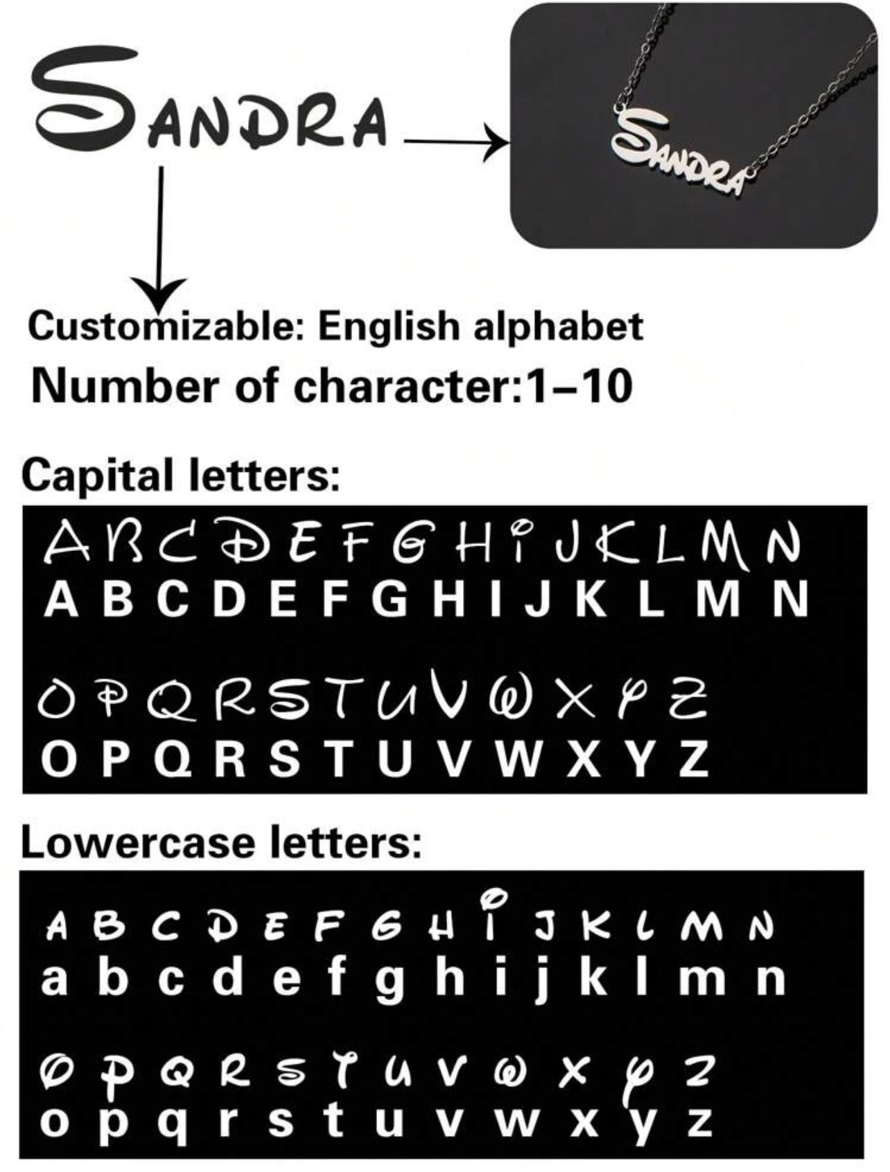 Collier en acier inoxydable avec nom personnalisé, police de l'alphabet anglais