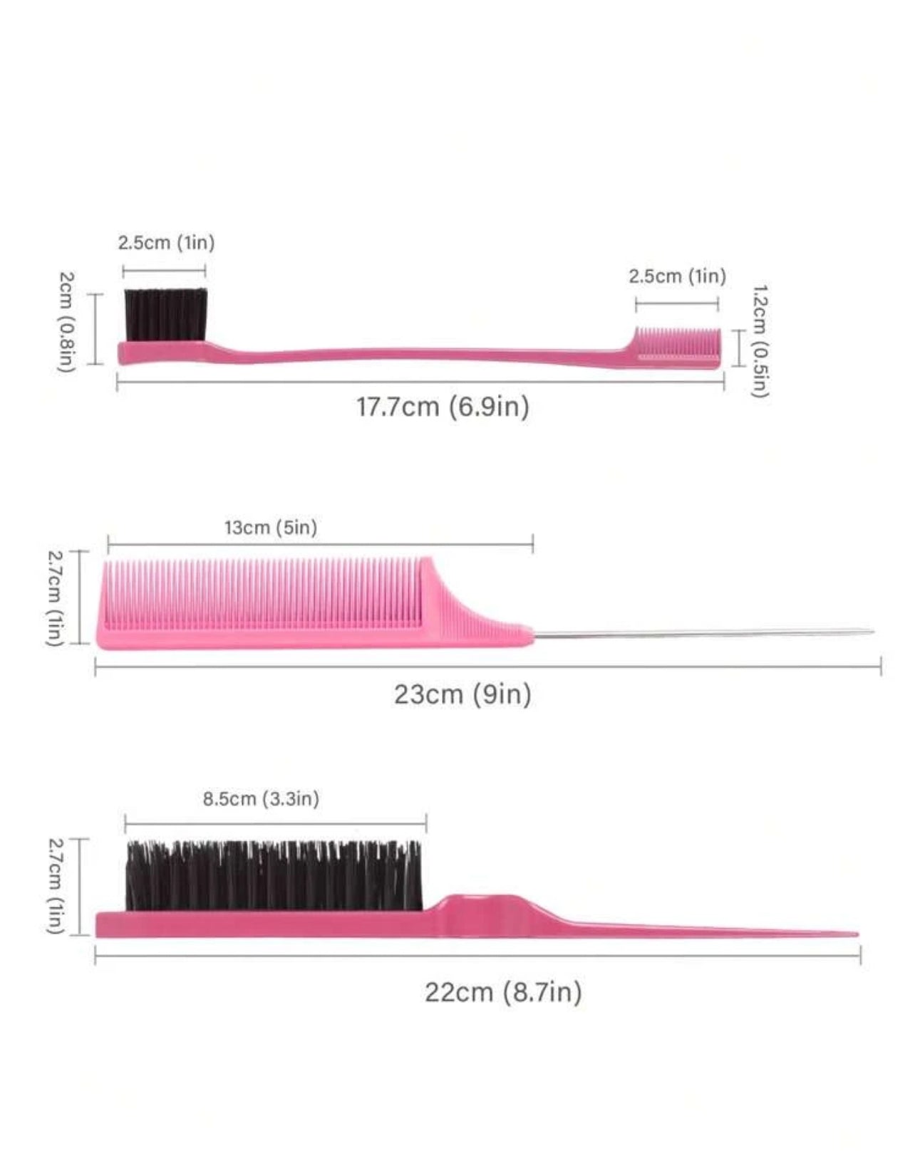 Ensemble de 3 peignes de coiffure comprenant une brosse à bords, un peigne à queue de rat et une brosse à taquiner pour vous aider à coiffer facilement une variété de coiffures différentes. Contrôle des bords pour satisfaire vos besoins capillaires.