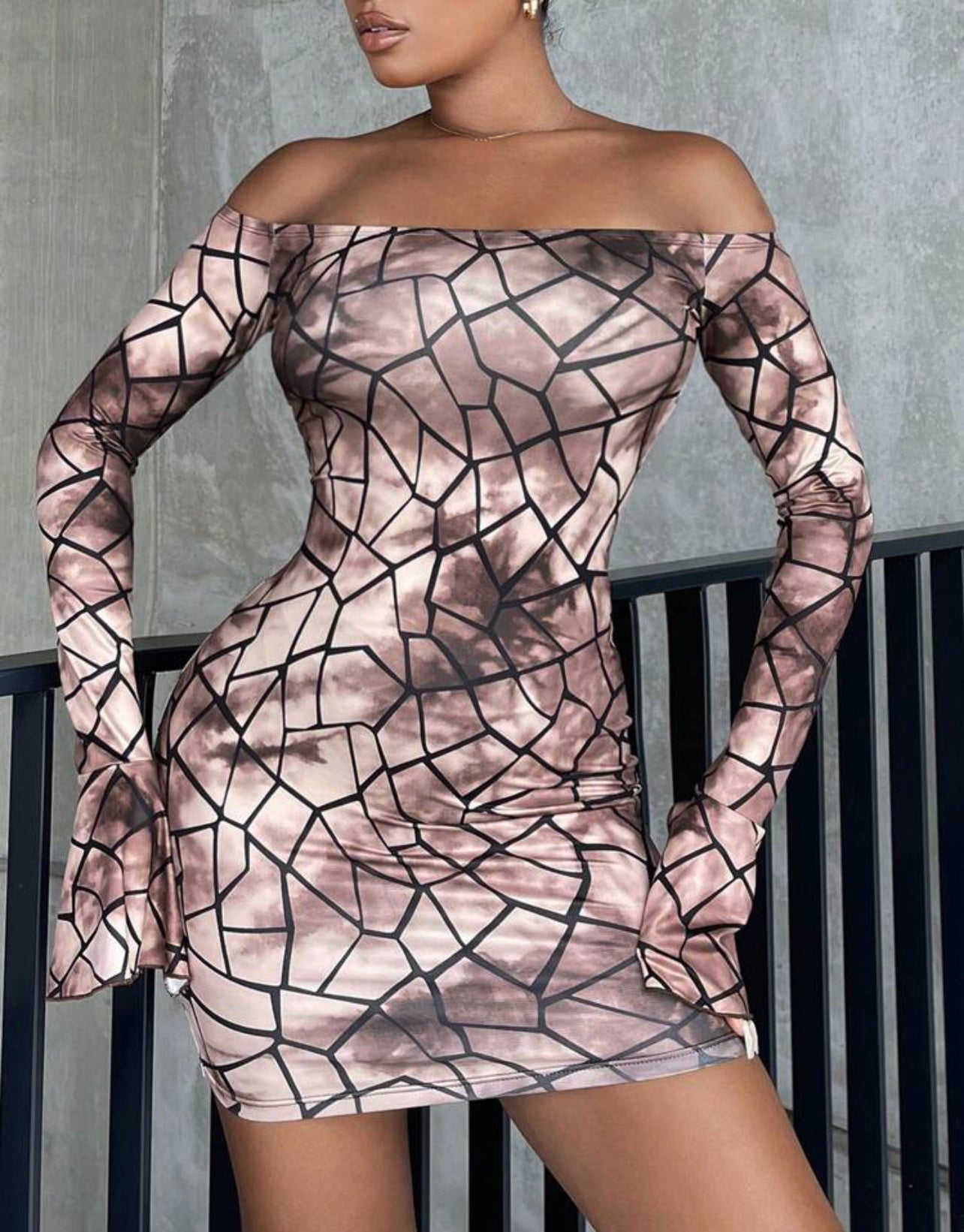 Sexy Bardot Bodycon Dress With Flared Sleeve