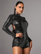 Combinaison Courte Noire À Paillettes Sans Dos