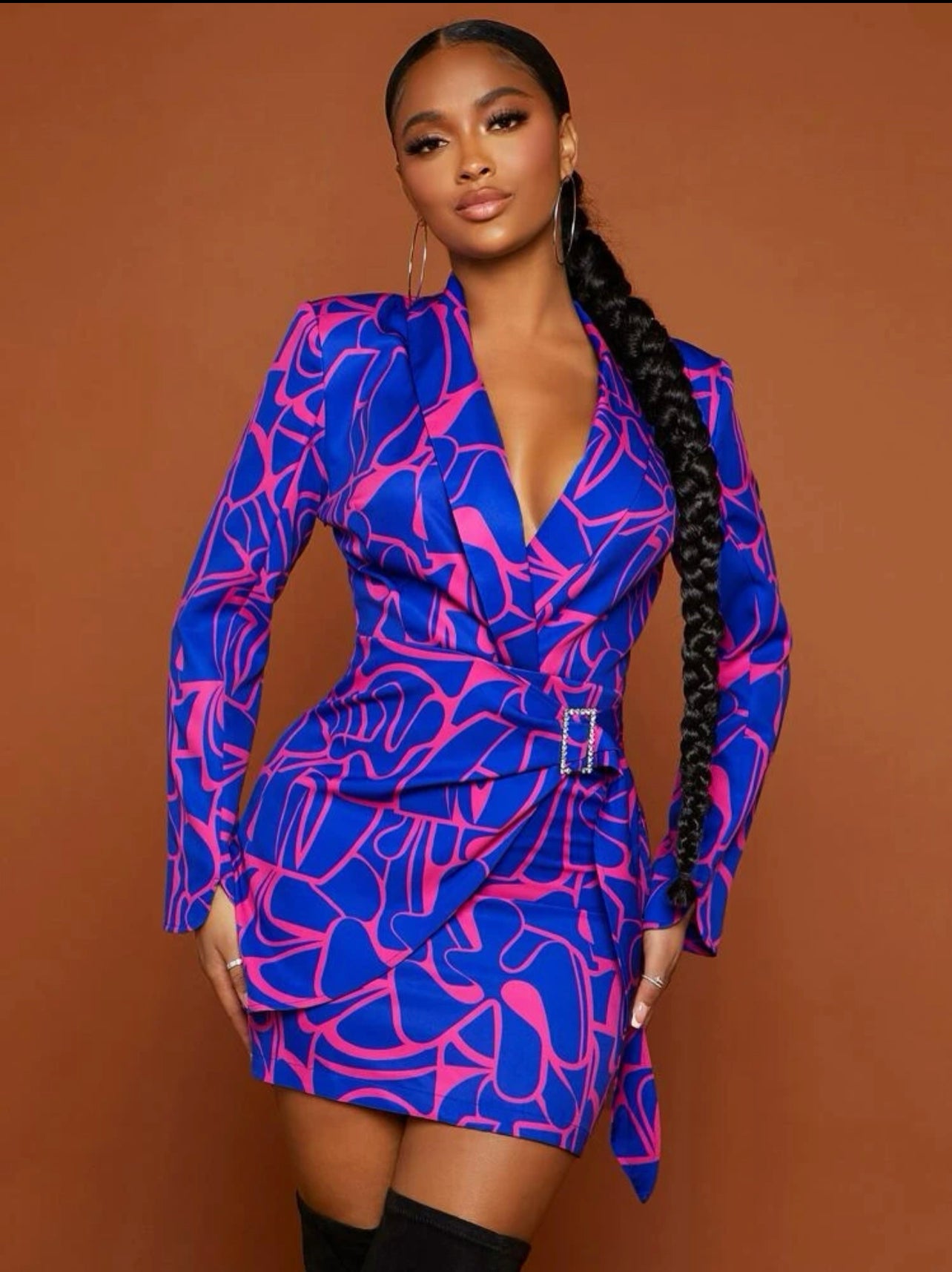 Allover Print Shawl Collar Rhinestone Buckle Side Blazer Dress