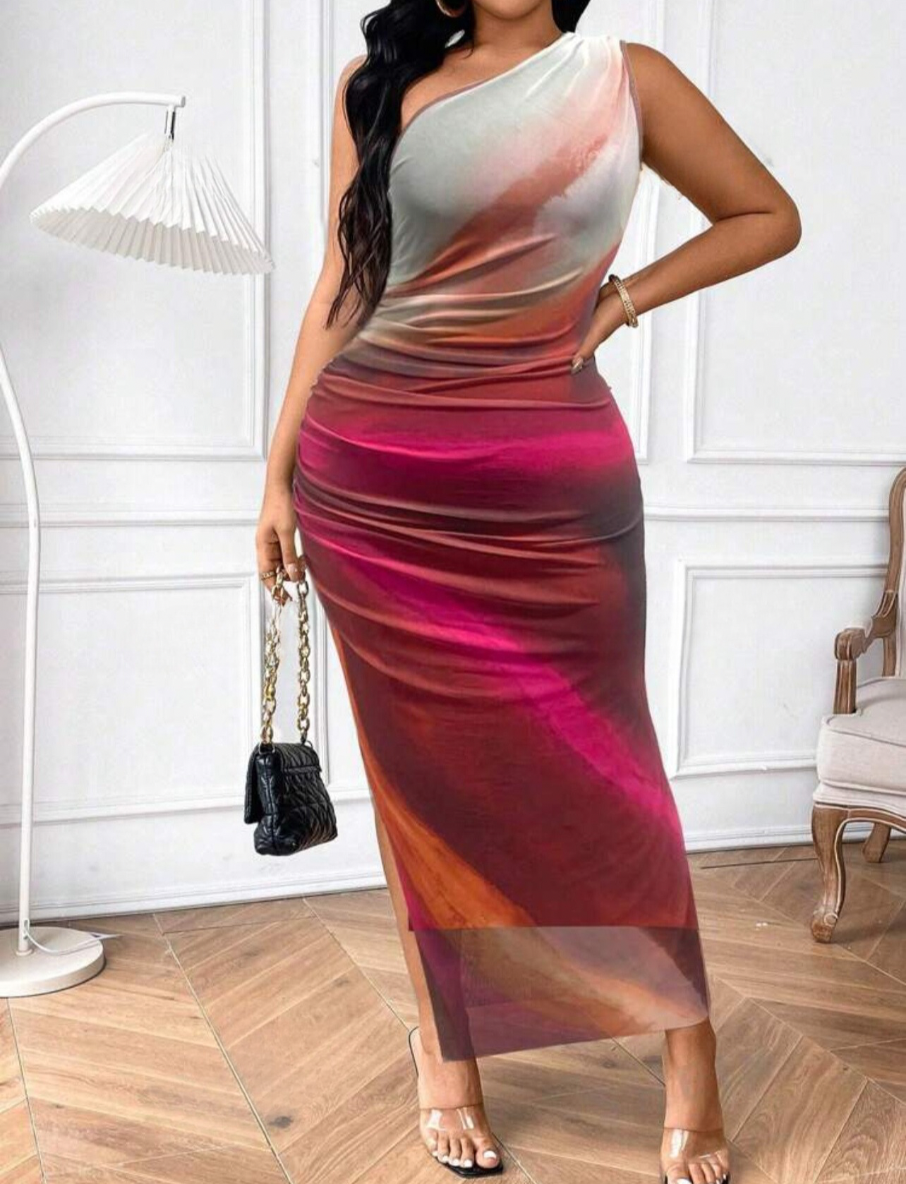 Robe à col asymétrique quotidien simple à imprimé aléatoire grande taille