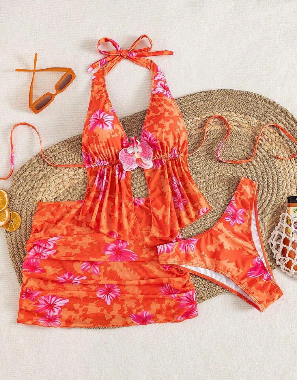 Ensemble Maillot de Bain 3 Pièces Floral & Voile de Plage