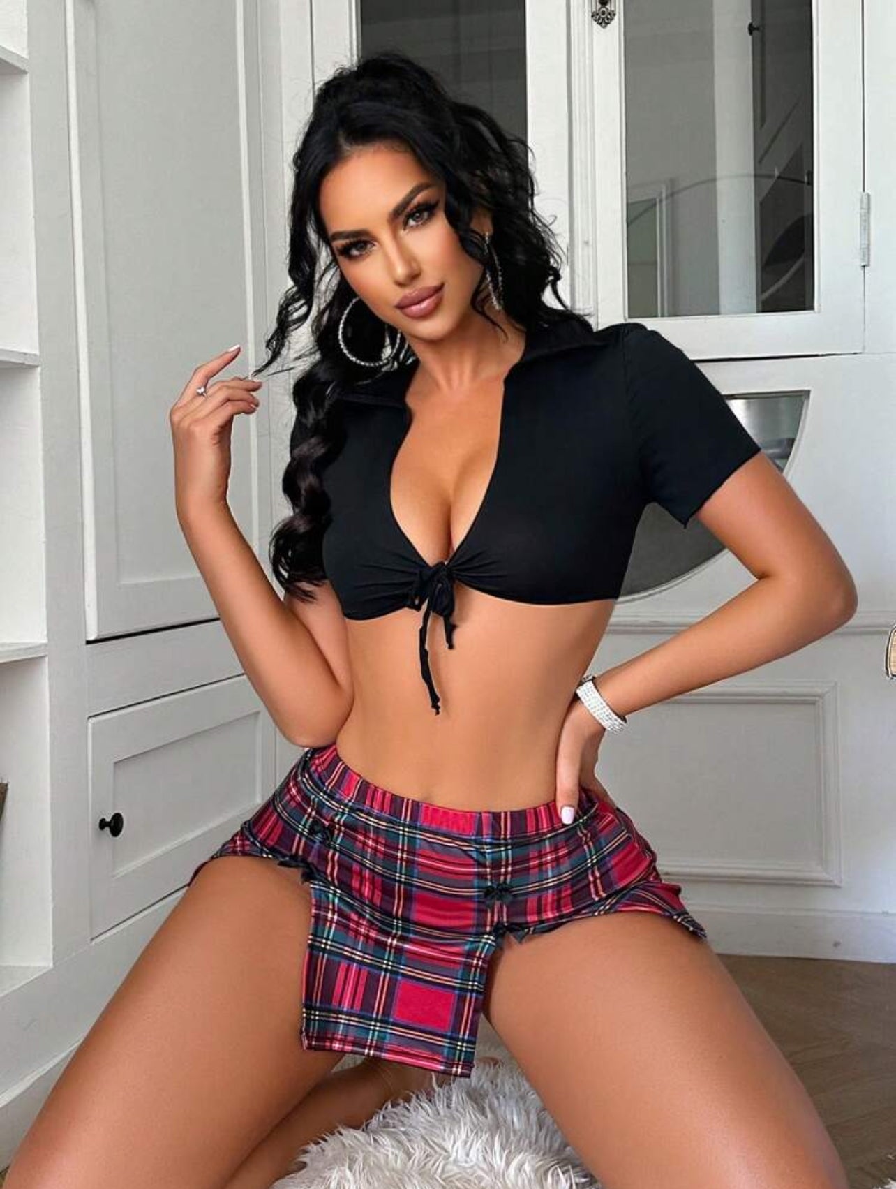 Tenue Écolière Sexy en Tartan Rouge - 3 Pièces