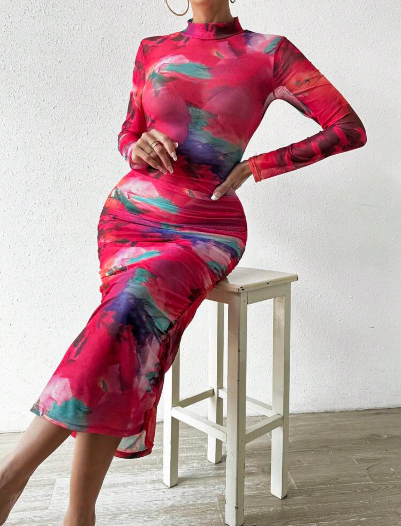 Sexy Tie Dye High Neck Ruched Bodycon Dress