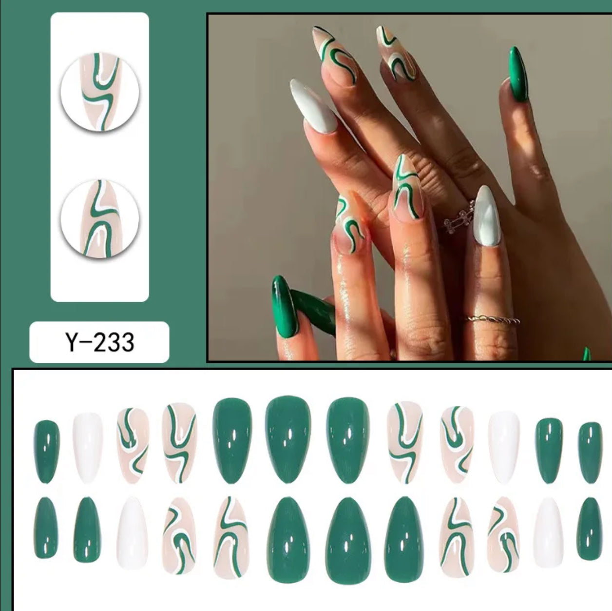 24 faux ongles réutilisables verts design