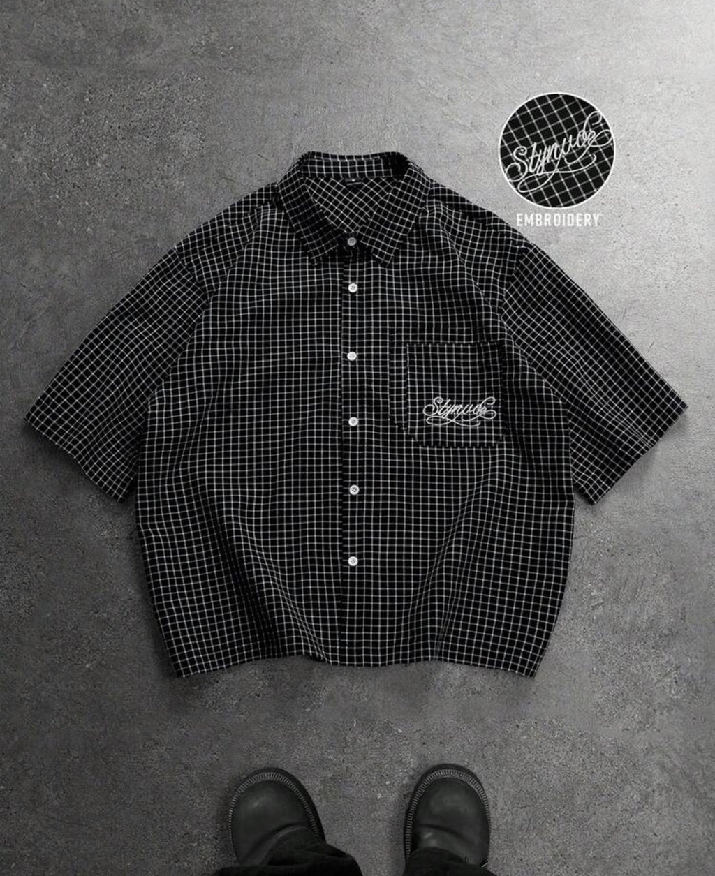 Chemise Homme Oversize à Carreaux Brodée – Manches Courtes Style Streetwear Vintage