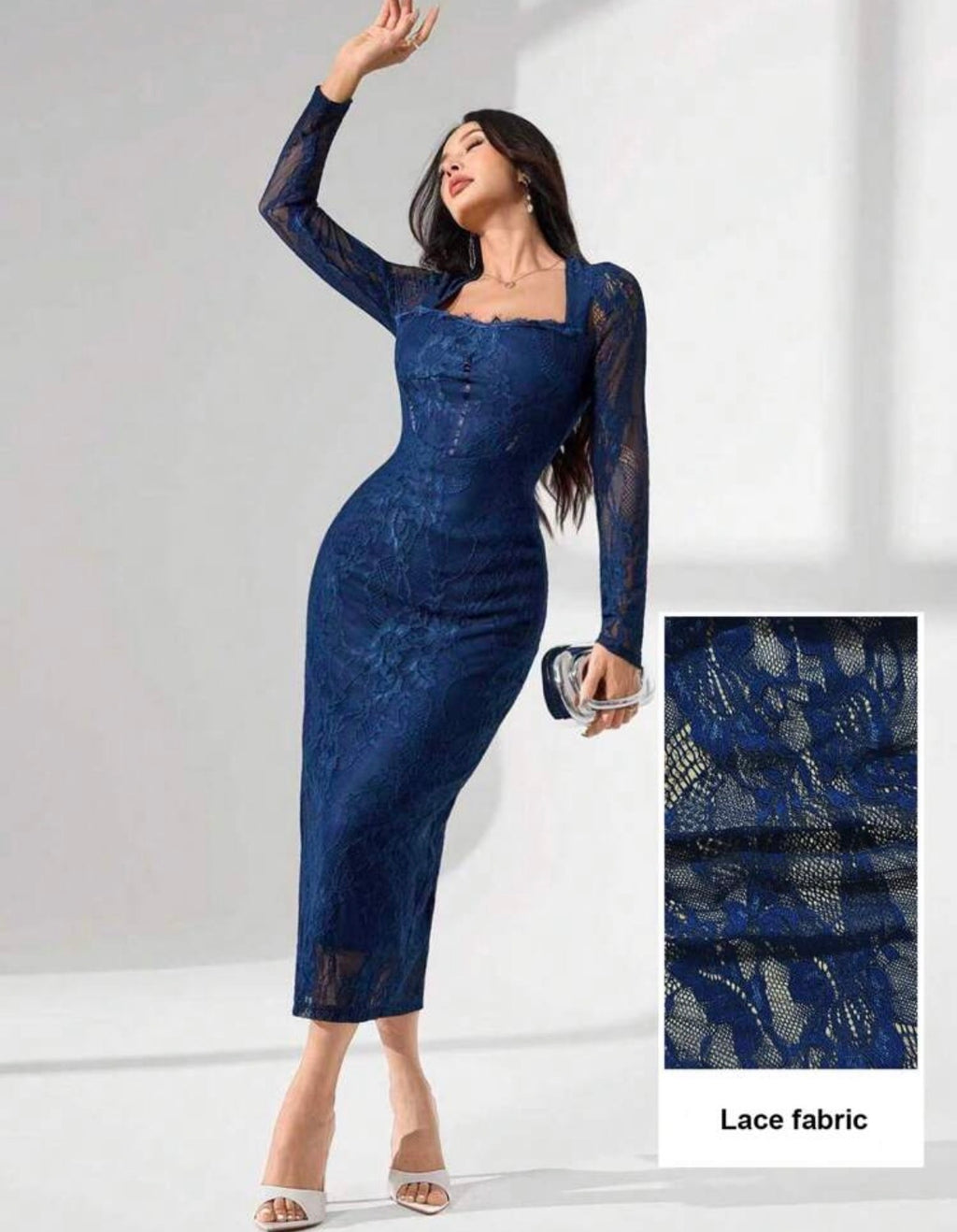 Robe Mi-Longue en Dentelle Florale Bleu Marine - Élégance Corsetée