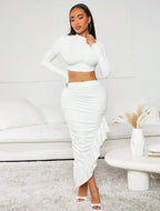 Ensemble 2 pièces pour femmes, haut court blanc et jupe à ourlet irrégulier, Style anniversaire/saint-valentin, avec ourlet à volants